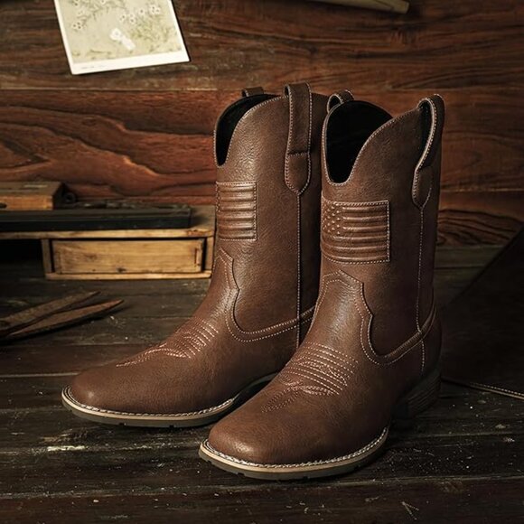 NEW! Cowboy Boots For Men - Square Toe Western Boot With Flag, Faux Leather Boot - Picture 1 of 5